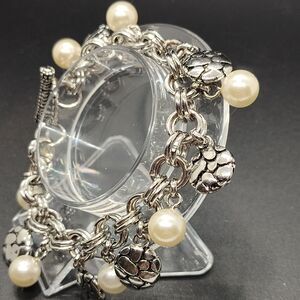 Double Rolo Faux Pearl Silver Tone Charm Bracelet Style of Brighton No Markings